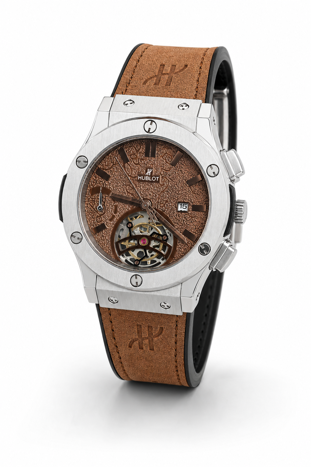 Men’s Chronograph Watch – Brown Leather Strap & Skeleton Dial