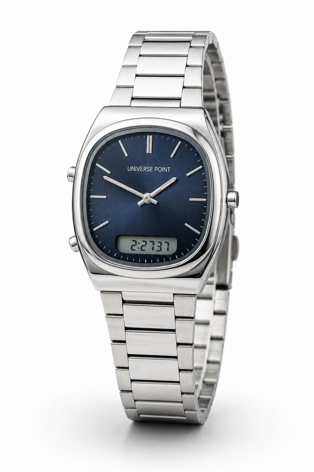 Luxury Men’s Stainless Steel Watch – Blue Dial with Digital Display