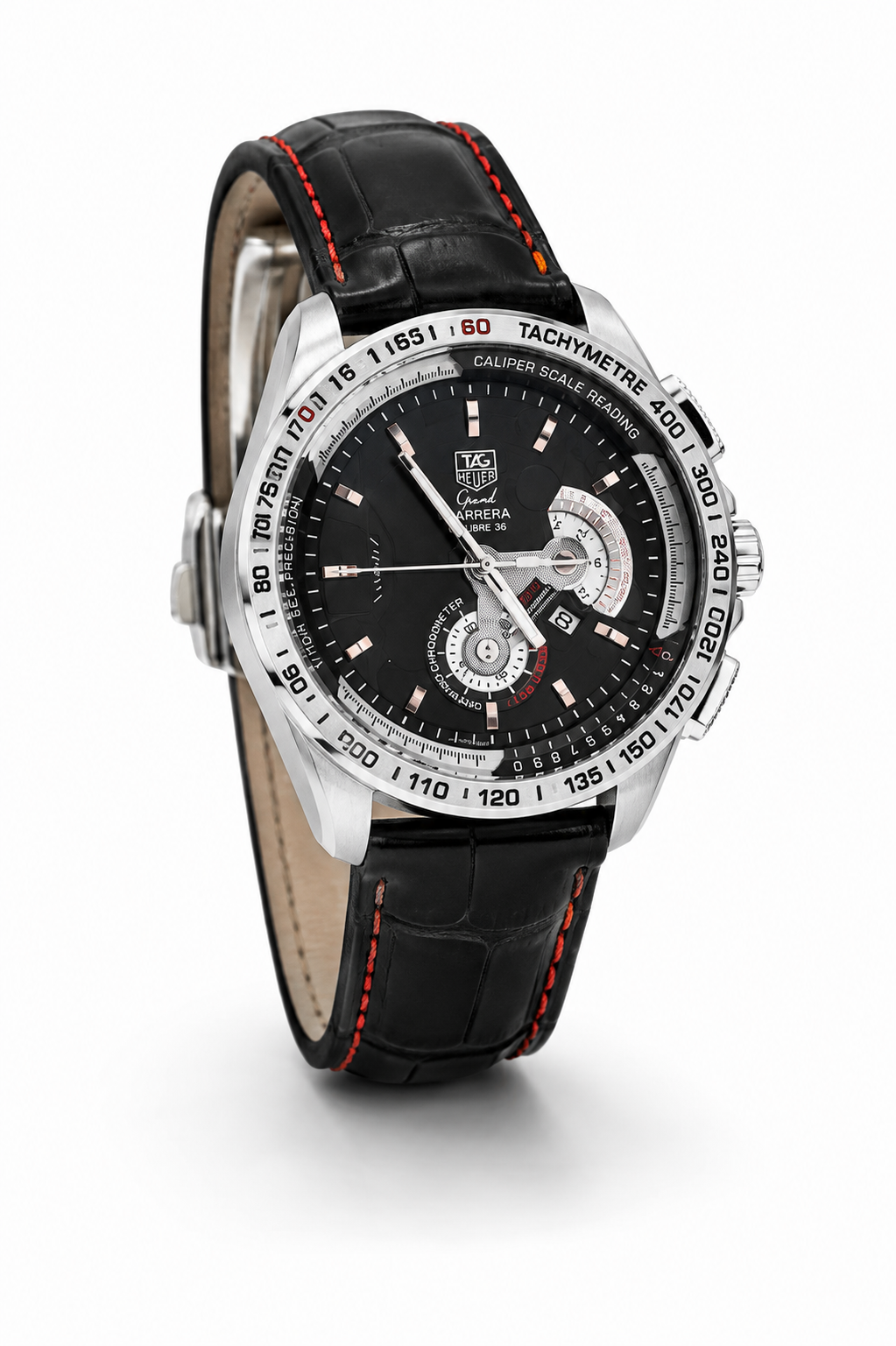 Luxury Men’s Chronograph Watch – Black Leather Strap with Red Stitching